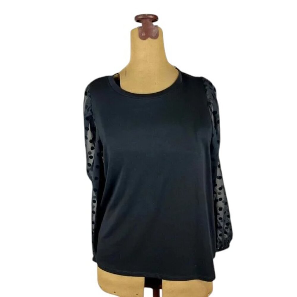 LOFT Black Blouse Polka Dot Sheer Sleeve Top M